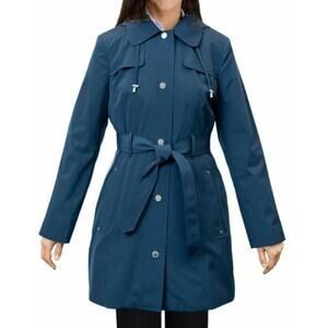 London Fog Women's Water Resistant Single Breasted Trench Coat Dark Teal Sz Med
